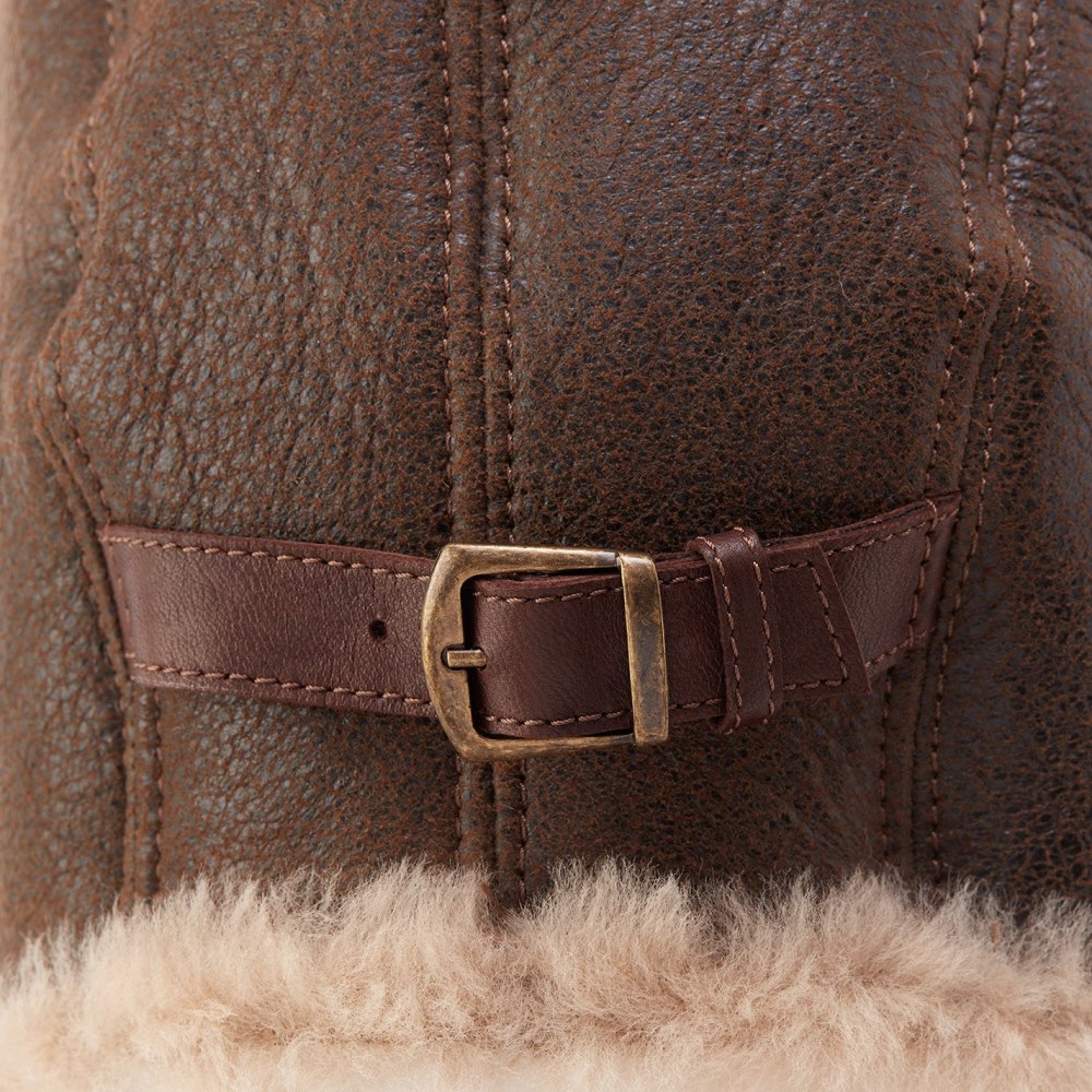 Hobo | Rugged Castano Aviator Sheepskin Hat in Aston Leather - Extra Large