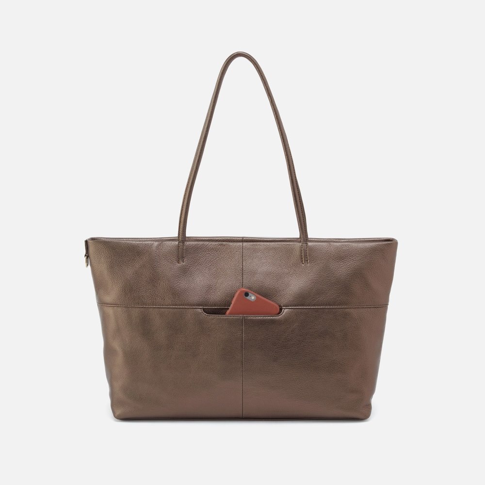 Hobo | Tripp East-West Tote in Pebbled Metallic Leather - Pewter