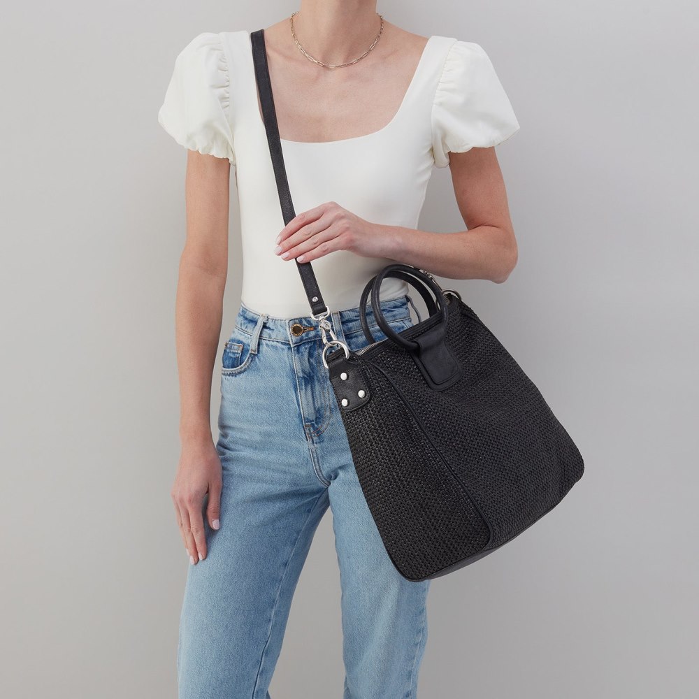 Hobo | Sheila Large Satchel in Raffia With Leather Trim - Black