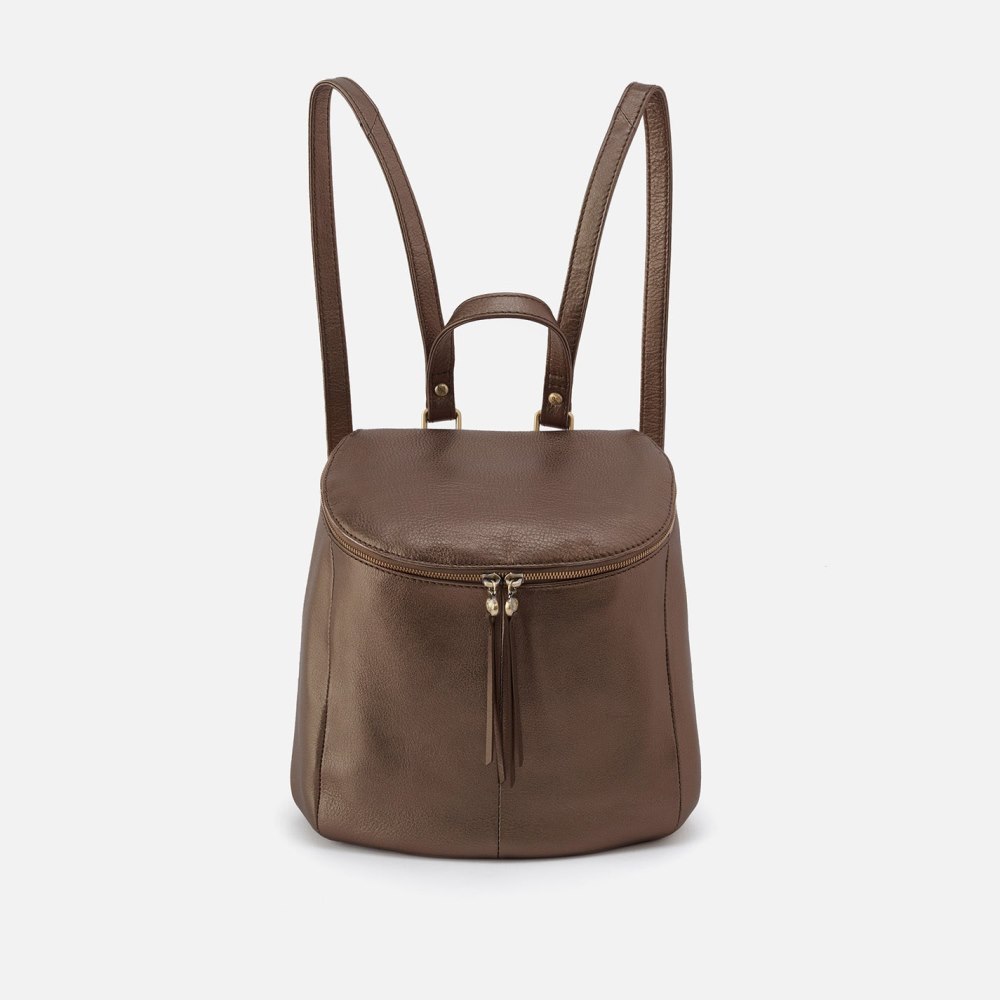 Hobo | River Backpack in Pebbled Metallic Leather - Pewter - Click Image to Close