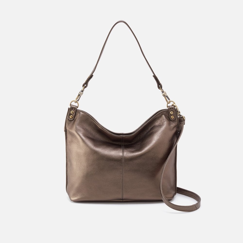 Hobo | Pier Shoulder Bag in Pebbled Metallic Leather - Pewter - Click Image to Close