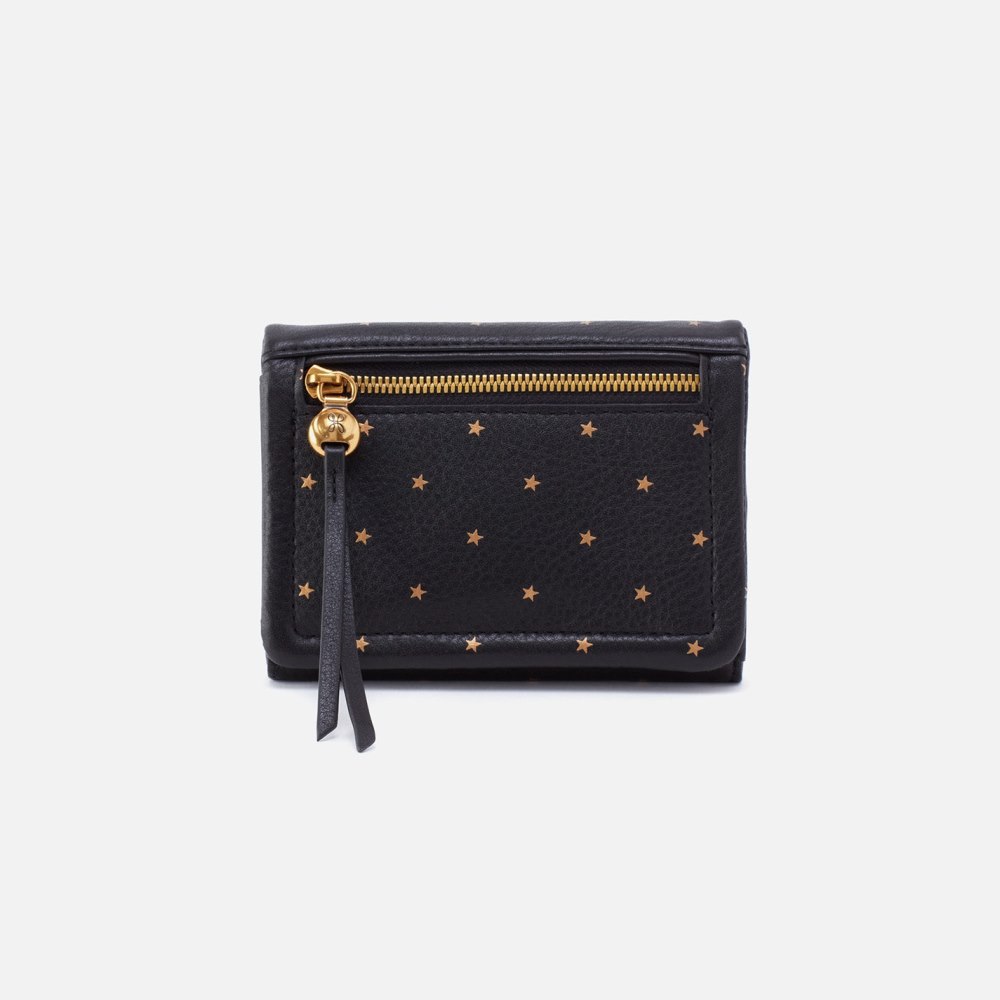 Hobo | Lumen Medium Bifold Compact Wallet in Pebbled Leather - Black and Gold Stars - Click Image to Close