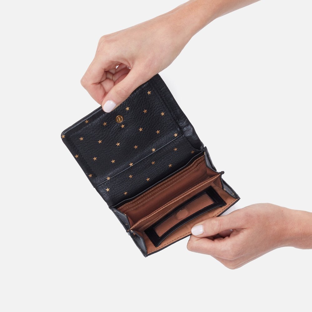 Hobo | Lumen Medium Bifold Compact Wallet in Pebbled Leather - Black and Gold Stars