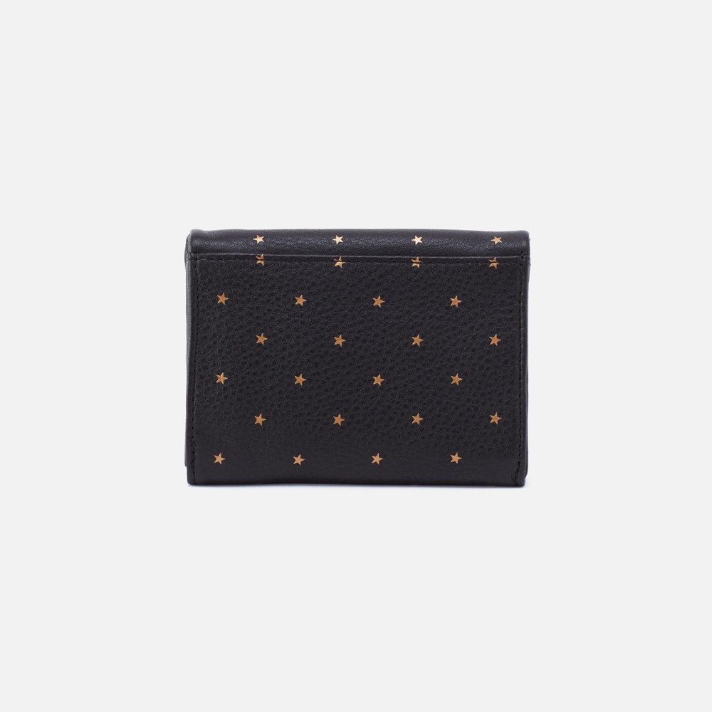 Hobo | Lumen Medium Bifold Compact Wallet in Pebbled Leather - Black and Gold Stars