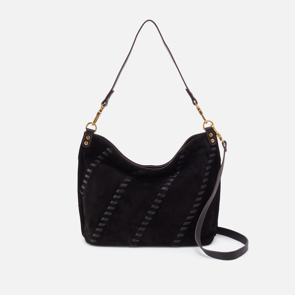 Hobo | Pier Shoulder Bag in Suede With Whipstitch - Black - Click Image to Close