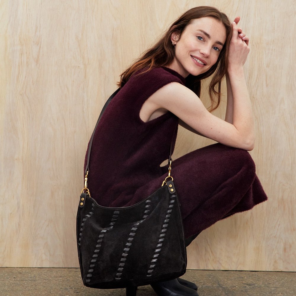 Hobo | Pier Shoulder Bag in Suede With Whipstitch - Black