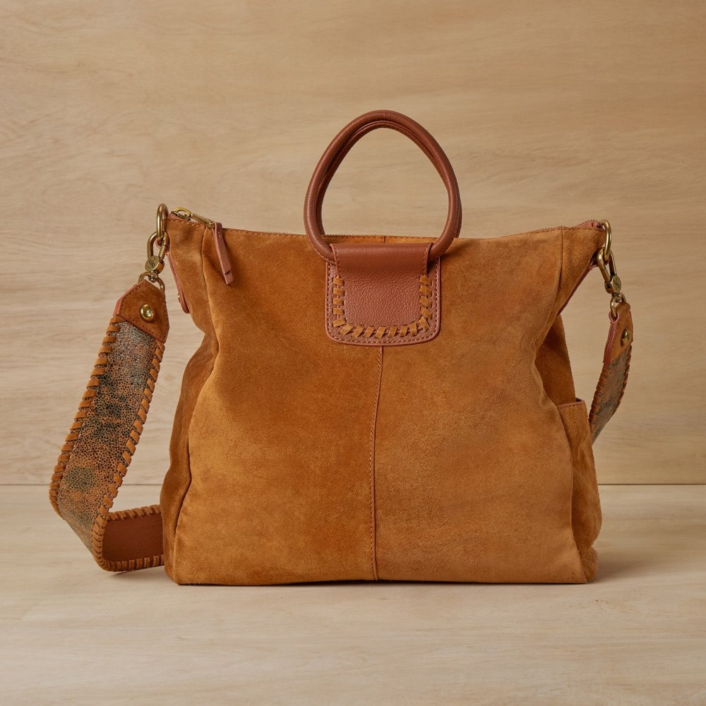 Hobo | Sheila Large Satchel in Suede With Whipstitch - Cognac