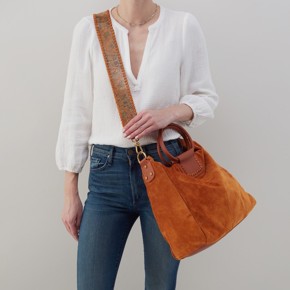 Hobo | Sheila Large Satchel in Suede With Whipstitch - Cognac