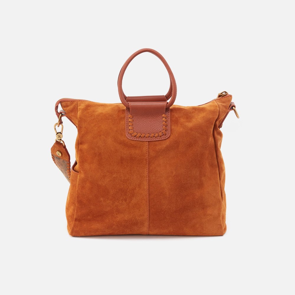 Hobo | Sheila Large Satchel in Suede With Whipstitch - Cognac