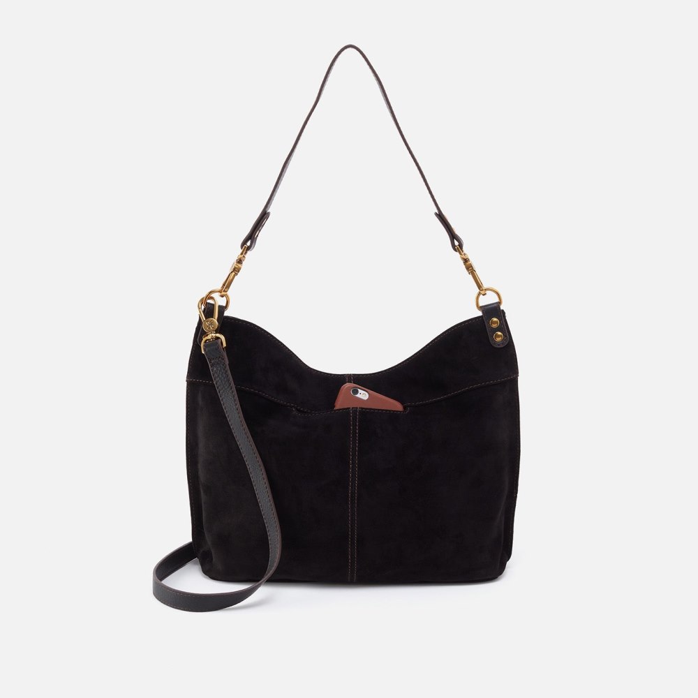 Hobo | Pier Shoulder Bag in Suede With Whipstitch - Black