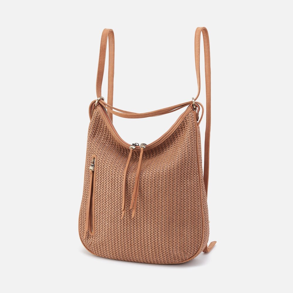 Hobo | Merrin Convertible Backpack in Raffia With Leather Trim - Sepia - Click Image to Close