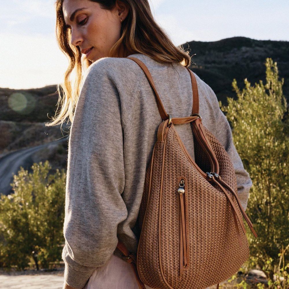 Hobo | Merrin Convertible Backpack in Raffia With Leather Trim - Sepia