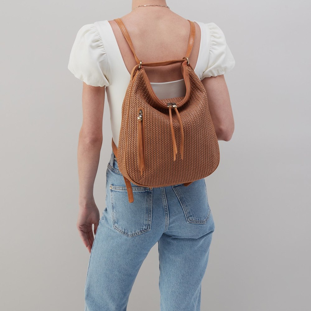 Hobo | Merrin Convertible Backpack in Raffia With Leather Trim - Sepia