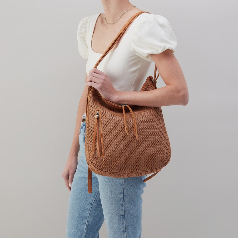 Hobo | Merrin Convertible Backpack in Raffia With Leather Trim - Sepia