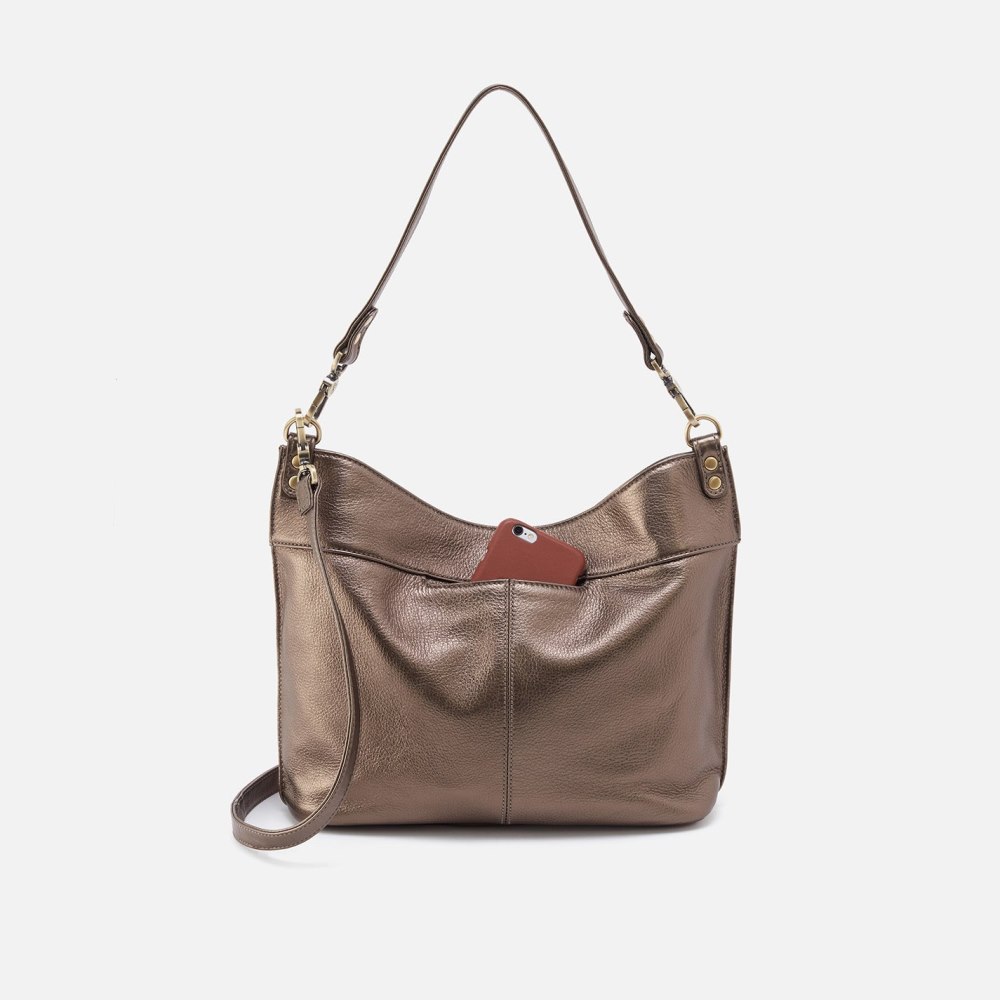 Hobo | Pier Shoulder Bag in Pebbled Metallic Leather - Pewter