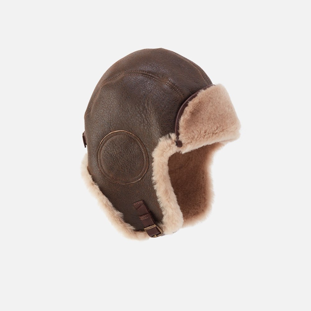 Hobo | Rugged Castano Aviator Sheepskin Hat in Aston Leather - Medium - Click Image to Close