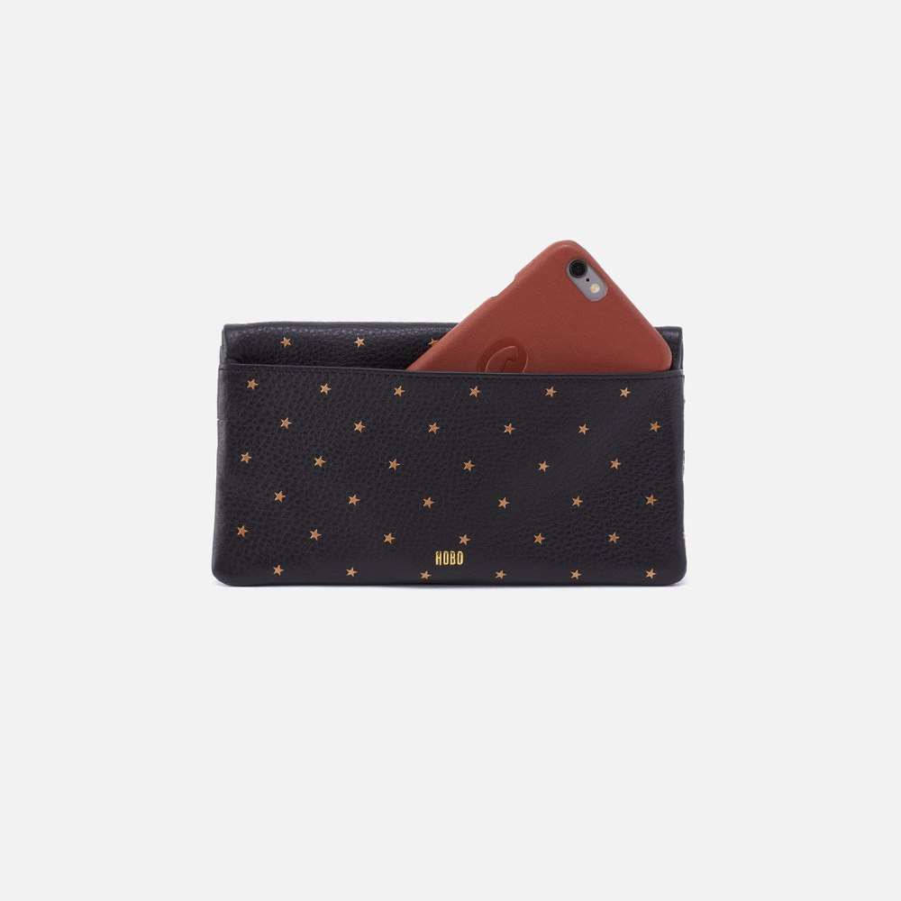 Hobo | Lumen Continental Wallet in Pebbled Leather - Black and Gold Stars