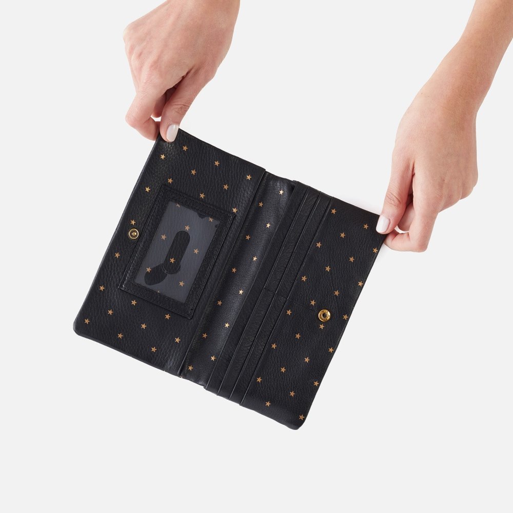 Hobo | Lumen Continental Wallet in Pebbled Leather - Black and Gold Stars