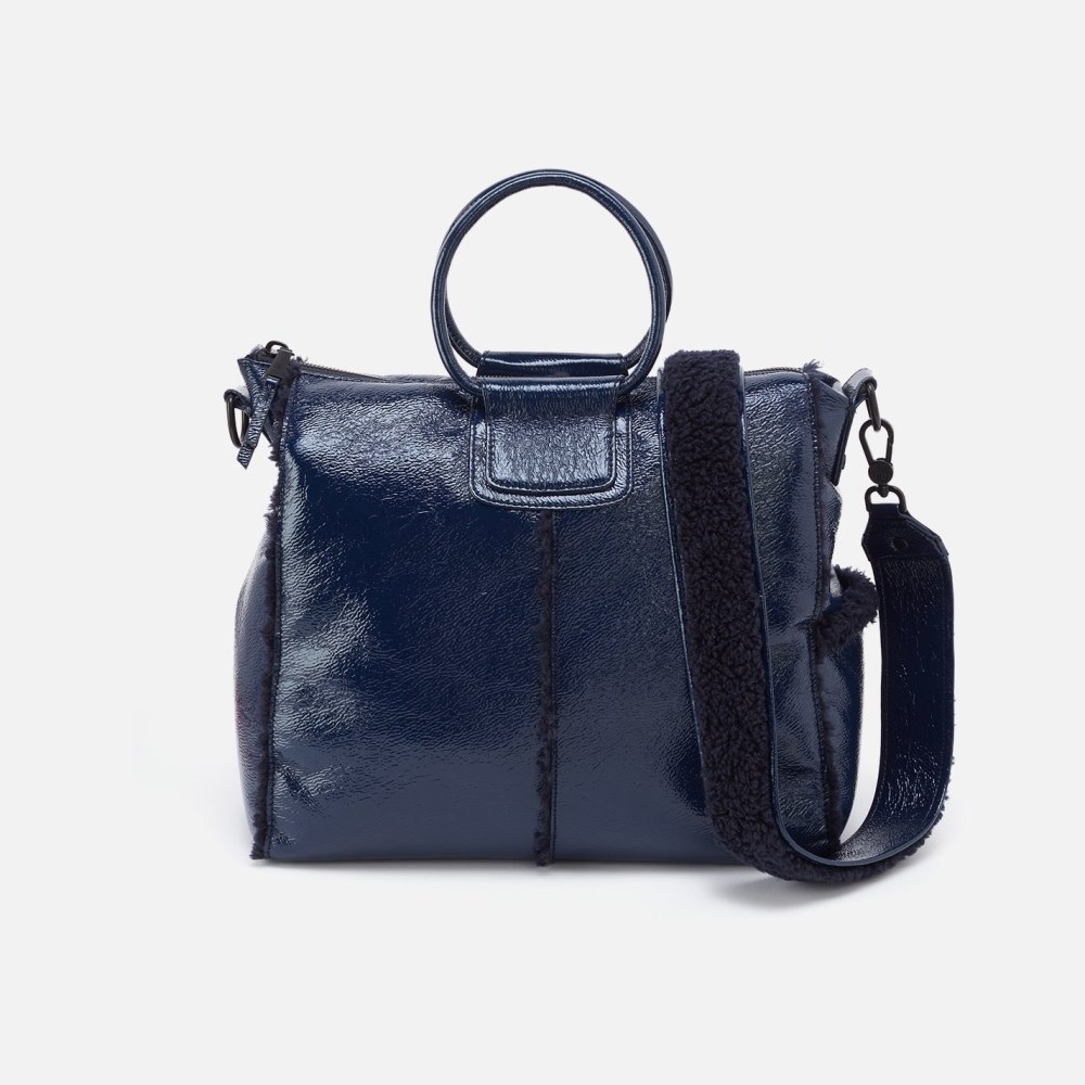 Hobo | Sheila Large Satchel in Pebbled Patent With Faux Shearling - Deep Indigo - Click Image to Close