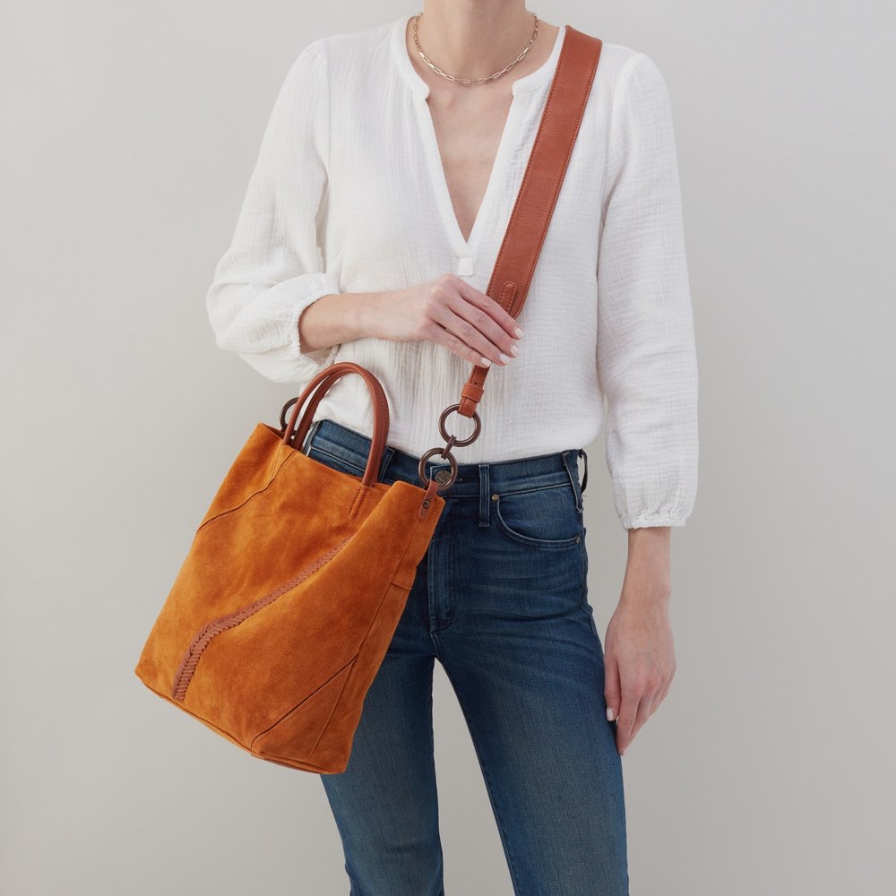 Hobo | Tripp Tote in Suede With Whipstitch - Cognac